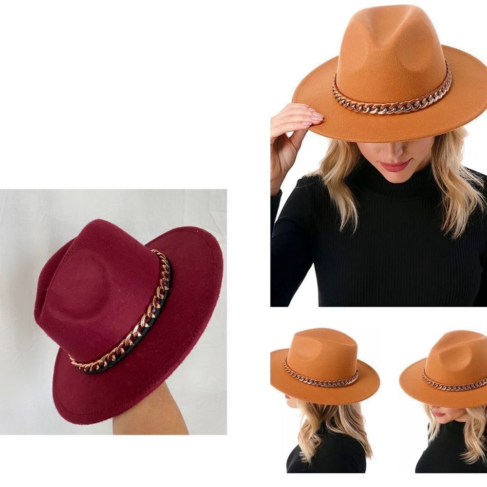 NEW Marcus Adler burgundy felt with gold ribbon chain dented fedora hat